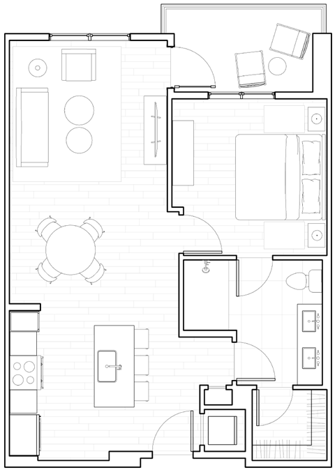 Floor plan for 1 bed, 1 bath, 714 sqft